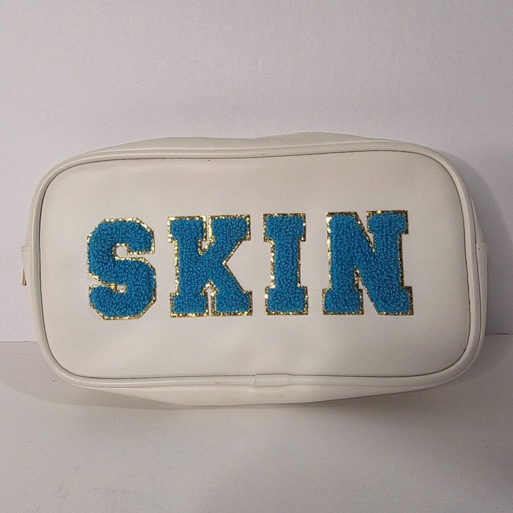 Neutrogena SKIN Chenille Patch Cosmetic Bag White Blue Preppy Travel Pouch